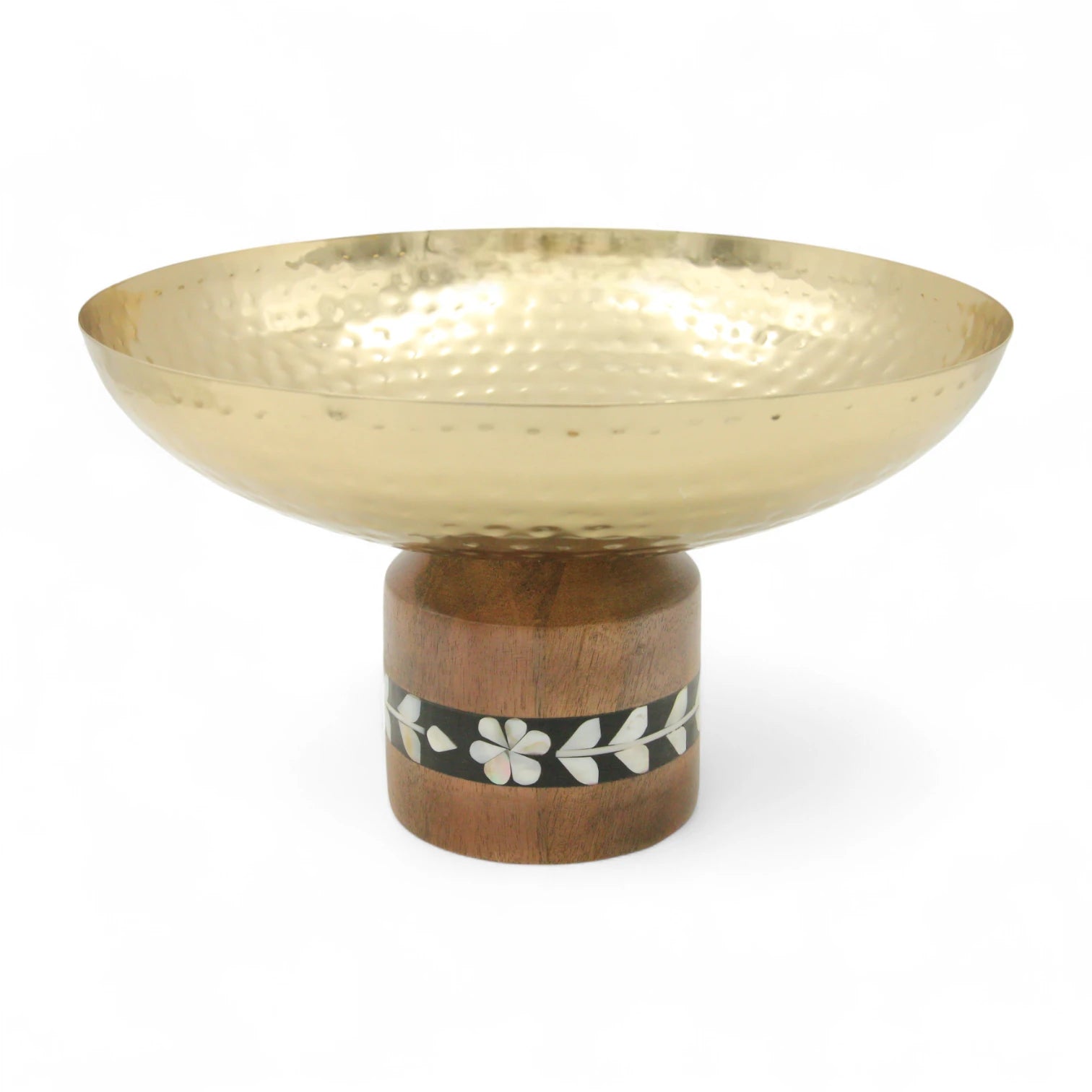Hammered Stainless Steel Gold Decorative Serving Bowl with Floral Wood Base – Elegant Pedestal Bowl for Centerpieces, Fruits, or Table Decor - Damoo
