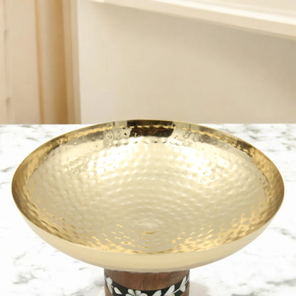 Hammered Stainless Steel Gold Decorative Serving Bowl with Floral Wood Base – Elegant Pedestal Bowl for Centerpieces, Fruits, or Table Decor - Damoo