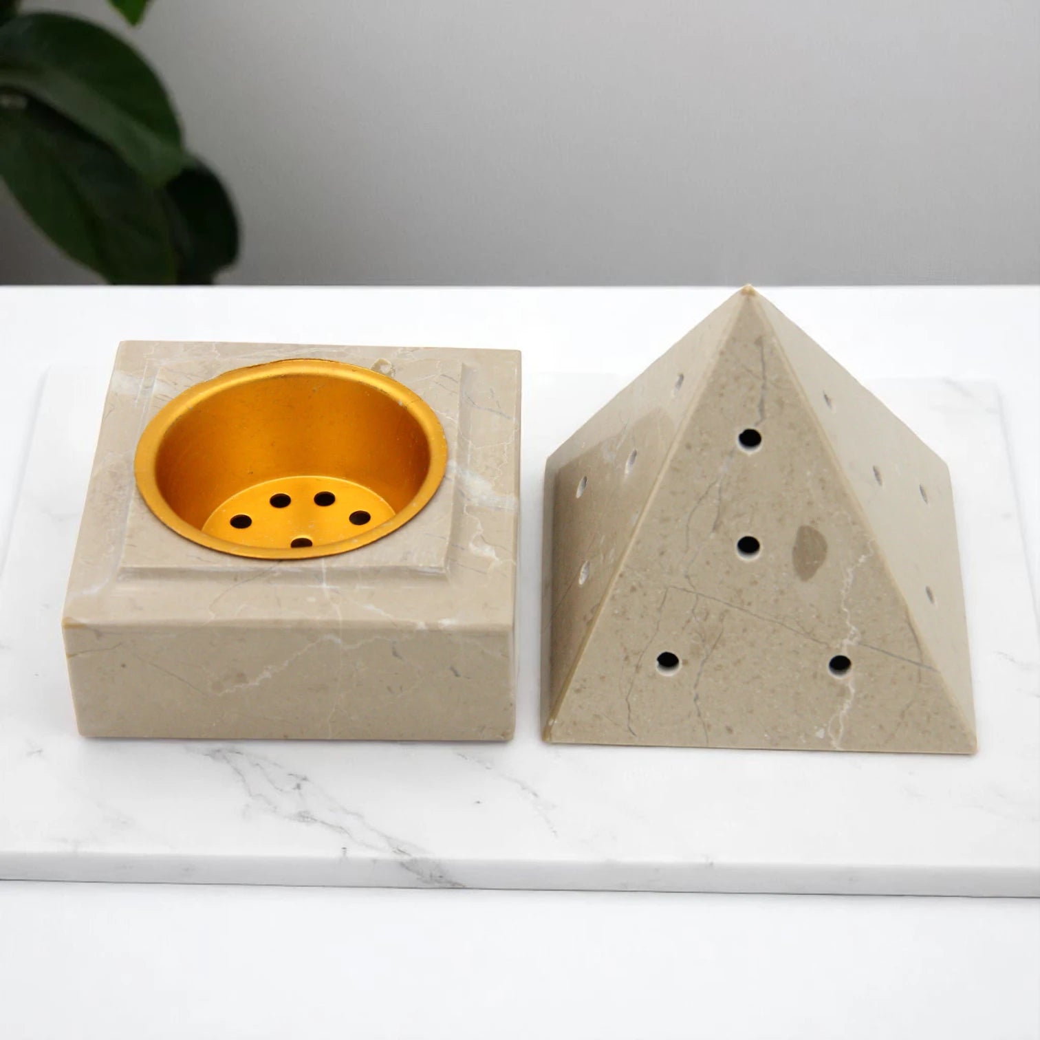 Handcrafted Marble Pyramid Incense Burner with Brass Insert – Elegant Cone Incense Holder for Aromatherapy & Home Décor - Damoo