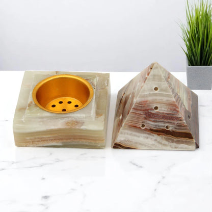 Handcrafted Marble Pyramid Incense Burner with Brass Insert – Elegant Cone Incense Holder for Aromatherapy & Home Décor - Damoo