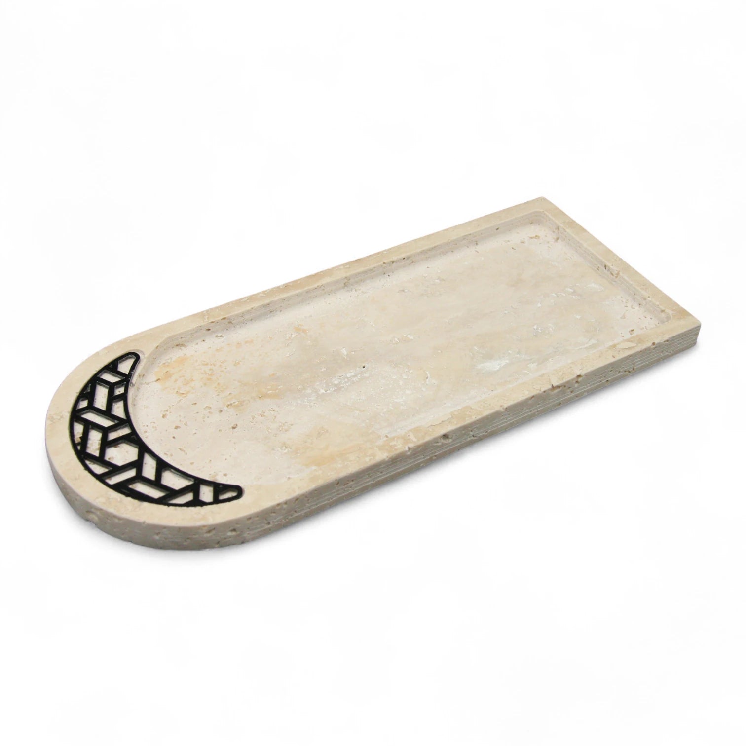 Handcrafted Travertine Stone Tray with Geometric Inlay – Decorative Vanity & Serving Tray - Damoo