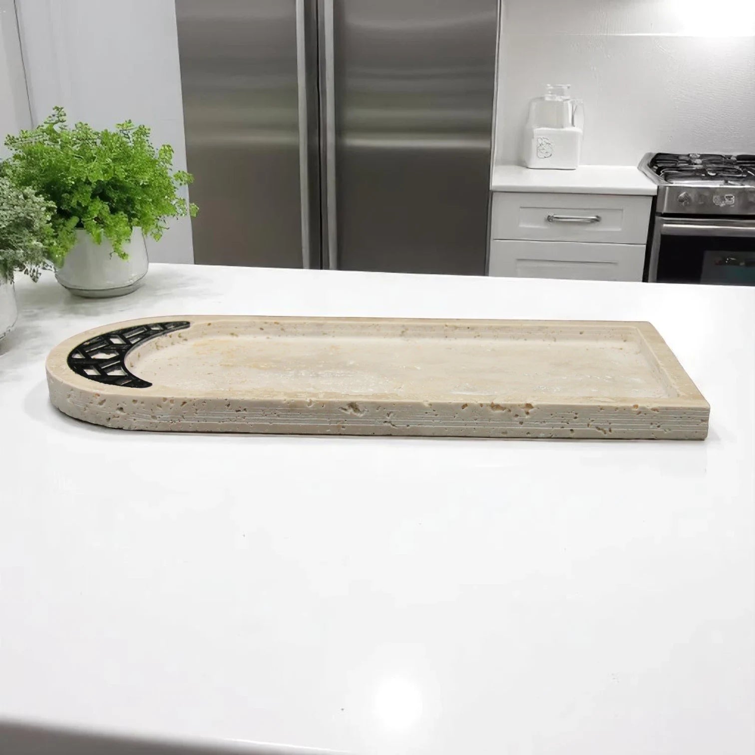 Handcrafted Travertine Stone Tray with Geometric Inlay – Decorative Vanity & Serving Tray - Damoo