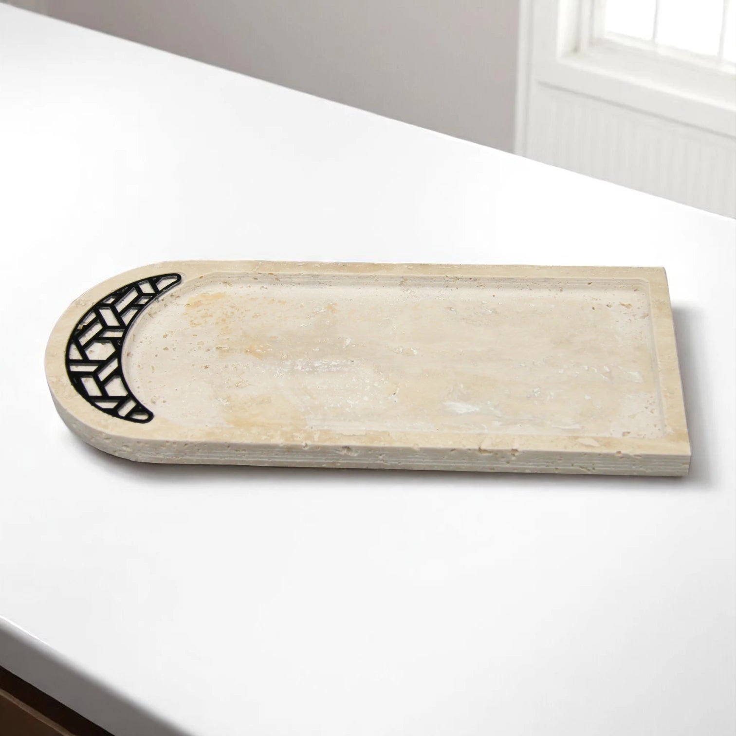 Handcrafted Travertine Stone Tray with Geometric Inlay – Decorative Vanity & Serving Tray - Damoo