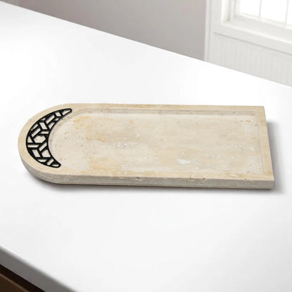 Handcrafted Travertine Stone Tray with Geometric Inlay – Decorative Vanity & Serving Tray - Damoo