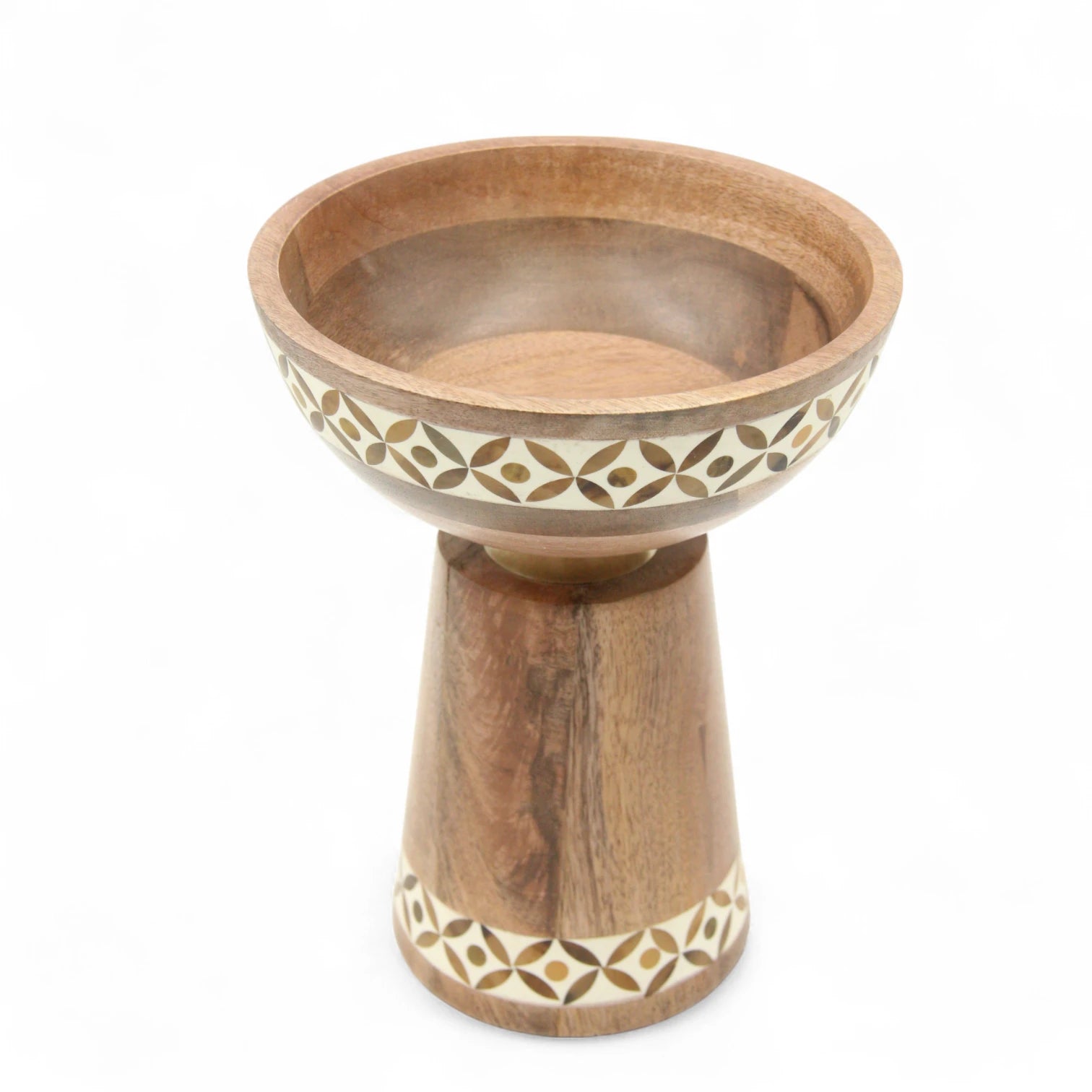 Handcrafted Wooden Pedestal Bowl with Inlaid Mosaic Detail – Decorative Natural Wood Display Bowl for Tabletop, Entryway, or Living Room Decor - Damoo