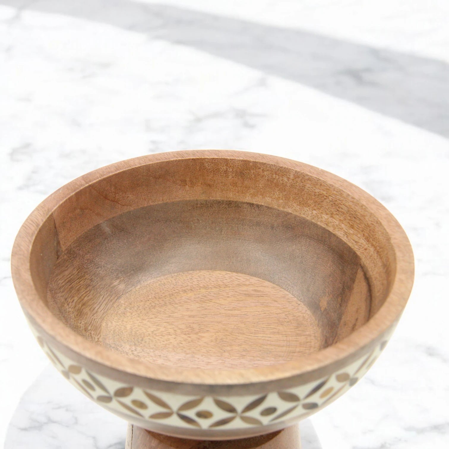Handcrafted Wooden Pedestal Bowl with Inlaid Mosaic Detail – Decorative Natural Wood Display Bowl for Tabletop, Entryway, or Living Room Decor - Damoo