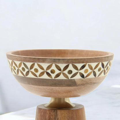 Handcrafted Wooden Pedestal Bowl with Inlaid Mosaic Detail – Decorative Natural Wood Display Bowl for Tabletop, Entryway, or Living Room Decor - Damoo