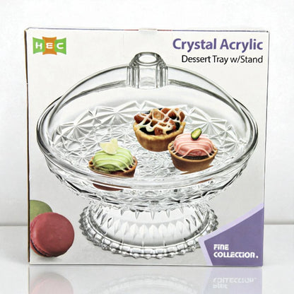 HEC Crystal Acrylic Dessert Tray with Dome Lid & Stand – Elegant Covered Server for Cakes, Pastries, and Sweets – Fine Collection - Damoo