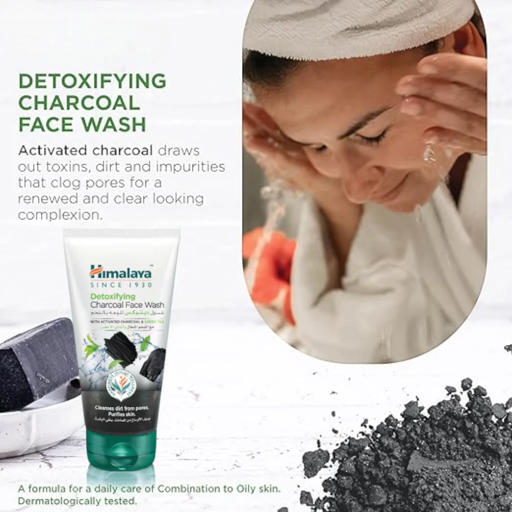 Himalaya Detoxifying Charcoal Face Wash – 150ml - Deep Cleansing Face Wash with Coconut Charcoal & Green Tea for Oily Skin, Acne, & Blackheads - Damoo