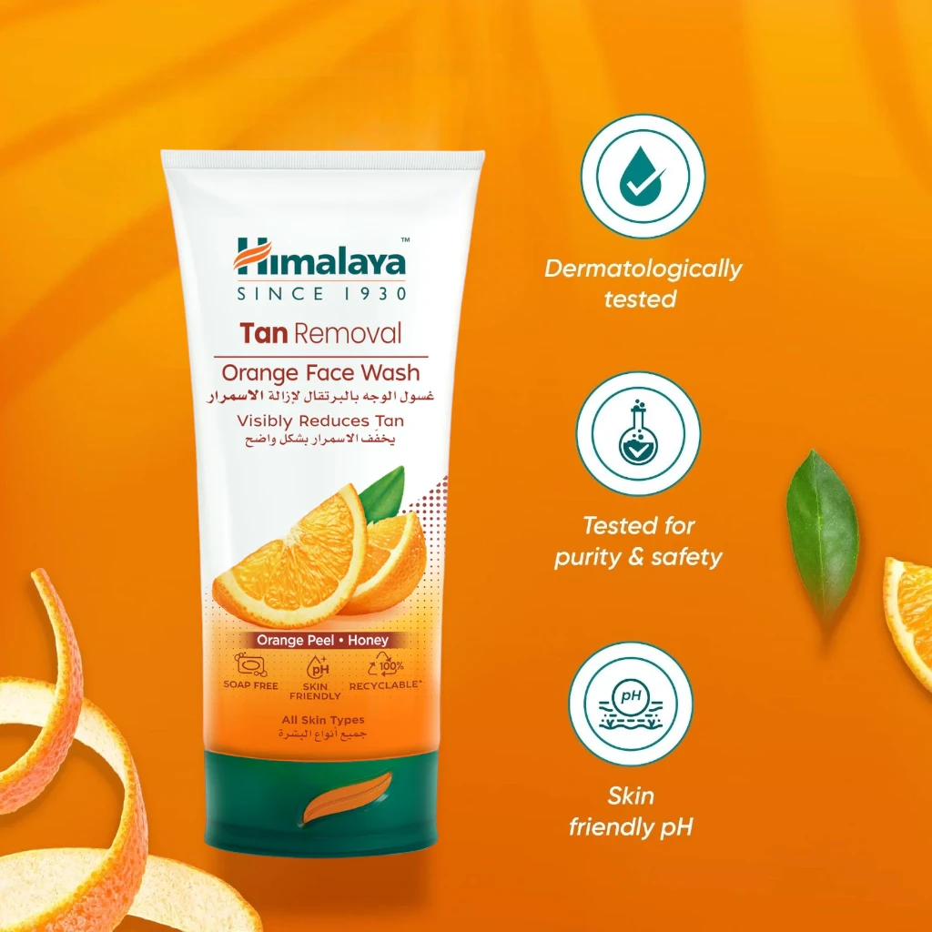 Himalaya Tan Removal Orange Face Wash – 150ml | Brightening Cleanser with Orange Peel, Honey & Papain | Gently Exfoliates & Revives Tanned Skin - Damoo