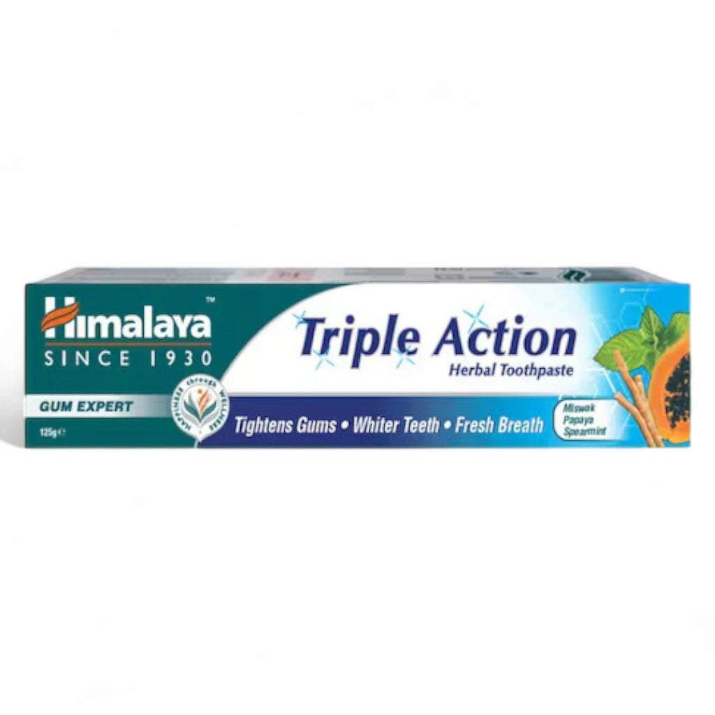 Himalaya Triple Action Herbal Toothpaste 125g | Natural Miswak & Papaya Formula, Spearmint Fresh, Fluoride-Free, Daily Gum & Teeth Care - Damoo