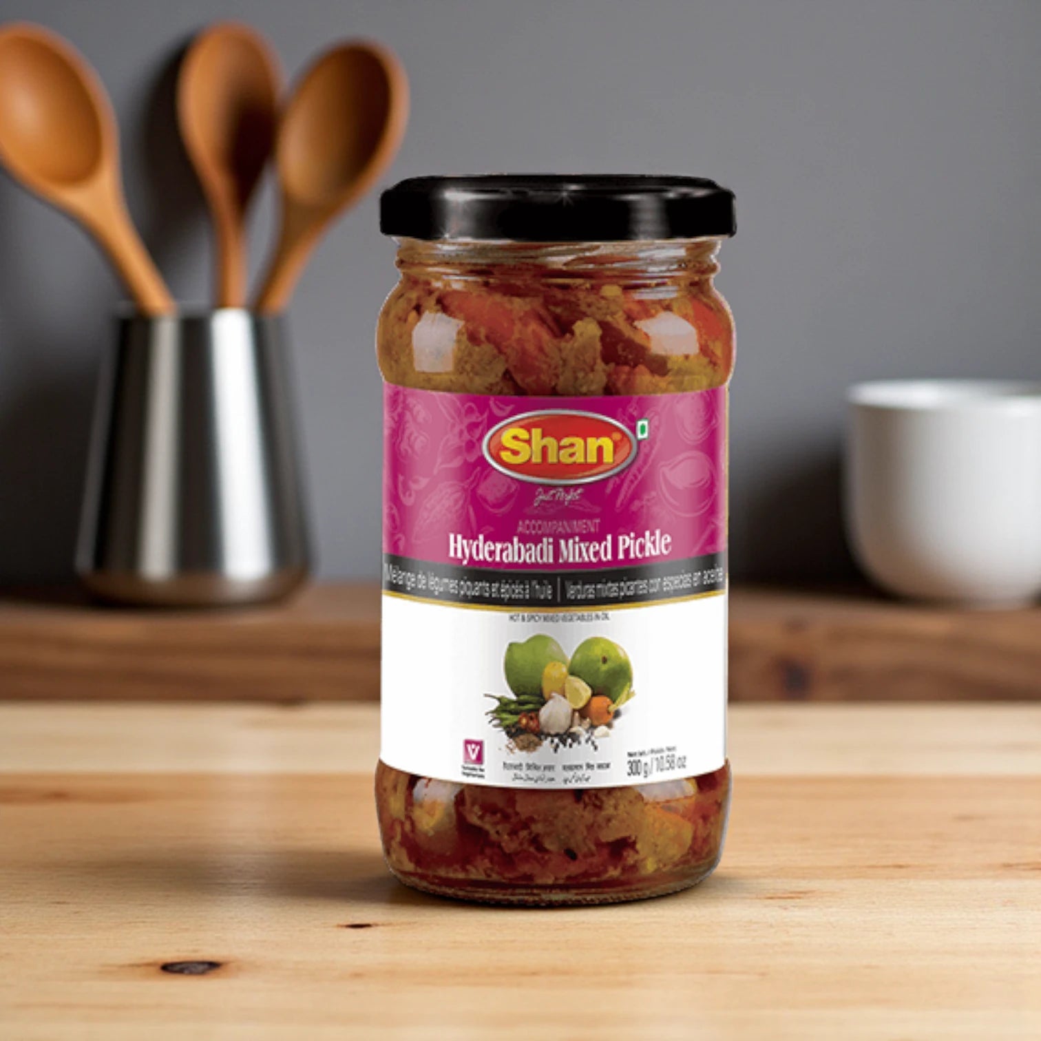 Shan Haider Abadi Mixed Pickle 300g – Traditional Hot & Spicy Mixed Vegetable Achar in Sunflower Oil | Authentic Indian Pickle with Mango, Carrot, Lemon & Garlic | Halal, Vegetarian-Friendly, Bold Flavor | Glass Jar Pack - Damoo