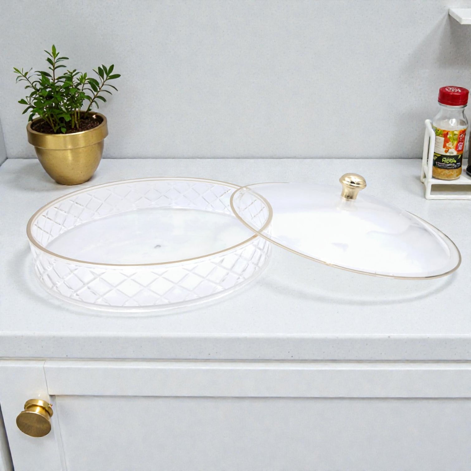 Luxury Crystal Acrylic Round Candy Box with Lid – Clear & Gold Daisy Pattern Dessert Tray for Sweets, Dates, Dry Fruits & Snacks | Food-Safe Acrylic | Available in 3 Sizes (19cm / 25cm / 31cm) - Damoo
