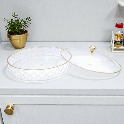 Luxury Crystal Acrylic Round Candy Box with Lid – Clear & Gold Daisy Pattern Dessert Tray for Sweets, Dates, Dry Fruits & Snacks | Food-Safe Acrylic | Available in 3 Sizes (19cm / 25cm / 31cm) - Damoo