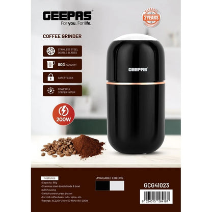Geepas Electric Coffee Grinder – 200W Powerful Motor with 80g Capacity, Stainless Steel Blade & Jar, One-Touch Operation, Safety Lock | Grinder for Coffee Beans, Spices, Nuts &amp; More – GCG41023 – Black - Damoo