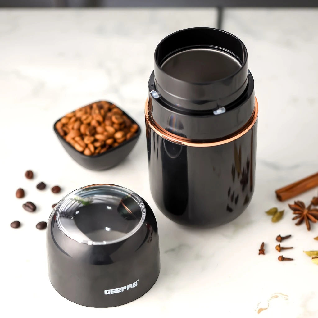 Geepas Electric Coffee Grinder – 200W Powerful Motor with 80g Capacity, Stainless Steel Blade & Jar, One-Touch Operation, Safety Lock | Grinder for Coffee Beans, Spices, Nuts &amp; More – GCG41023 – Black - Damoo
