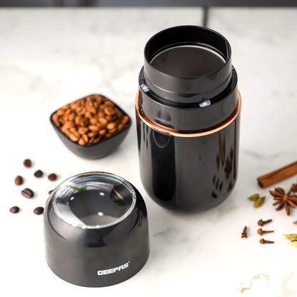 Geepas Electric Coffee Grinder – 200W Powerful Motor with 80g Capacity, Stainless Steel Blade & Jar, One-Touch Operation, Safety Lock | Grinder for Coffee Beans, Spices, Nuts &amp; More – GCG41023 – Black - Damoo