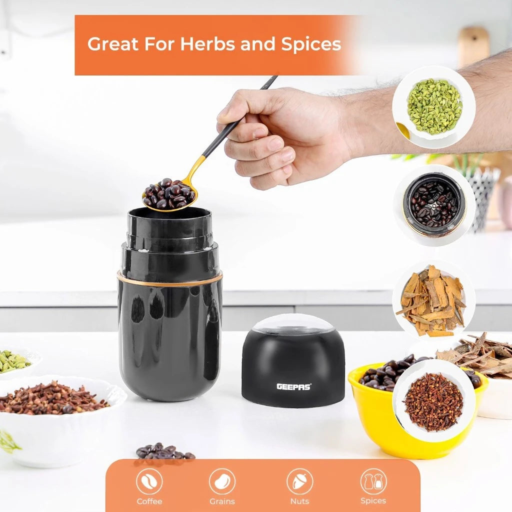 Geepas Electric Coffee Grinder – 200W Powerful Motor with 80g Capacity, Stainless Steel Blade & Jar, One-Touch Operation, Safety Lock | Grinder for Coffee Beans, Spices, Nuts &amp; More – GCG41023 – Black - Damoo
