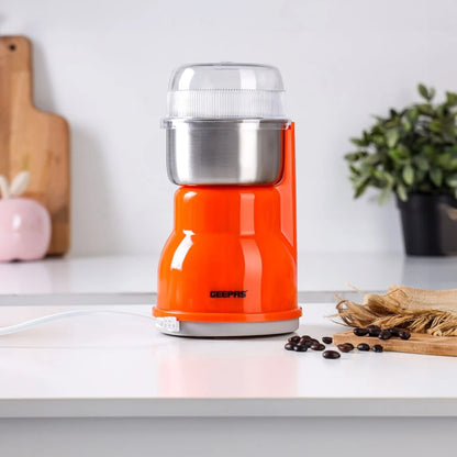 Geepas Electric Coffee Grinder – 300W Powerful Motor with Overheat Protection, Stainless Steel Blades & Bowl | Press-to-Grind Function, 150g Capacity for Coffee Beans, Spices, Nuts & More – GCG5440N – Orange - Damoo