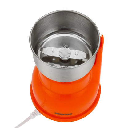 Geepas Electric Coffee Grinder – 300W Powerful Motor with Overheat Protection, Stainless Steel Blades & Bowl | Press-to-Grind Function, 150g Capacity for Coffee Beans, Spices, Nuts & More – GCG5440N – Orange - Damoo