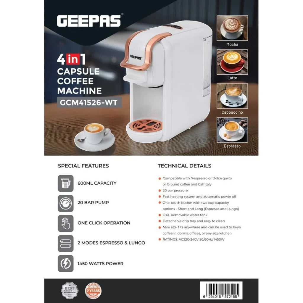 Geepas 4-in-1 Capsule Coffee Machine – 20 Bar Single Serve Espresso Maker with 600ml Water Tank, Compatible with Nespresso, Dolce Gusto, Ground Coffee & Caffitaly – Adjustable Brew Sizes, Auto Clean & Shut-Off – White - Damoo