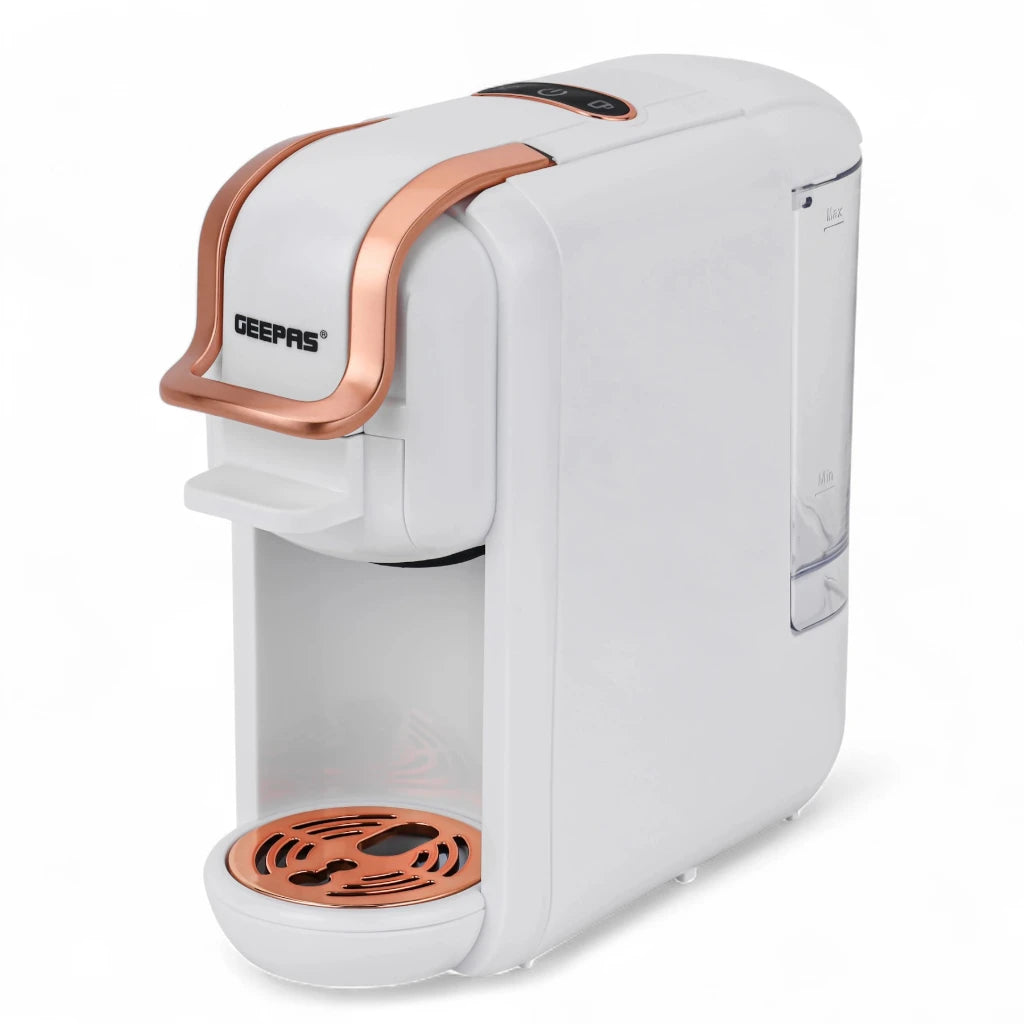 Geepas 4-in-1 Capsule Coffee Machine – 20 Bar Single Serve Espresso Maker with 600ml Water Tank, Compatible with Nespresso, Dolce Gusto, Ground Coffee & Caffitaly – Adjustable Brew Sizes, Auto Clean & Shut-Off – White - Damoo