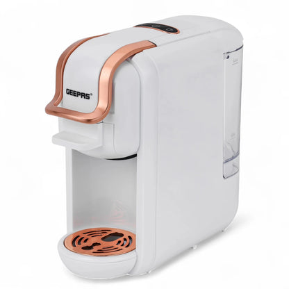 Geepas 4-in-1 Capsule Coffee Machine – 20 Bar Single Serve Espresso Maker with 600ml Water Tank, Compatible with Nespresso, Dolce Gusto, Ground Coffee & Caffitaly – Adjustable Brew Sizes, Auto Clean & Shut-Off – White - Damoo