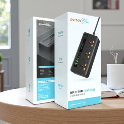 Porodo Blue 3 AC Power Socket with 2 USB-A & 3 USB-C Fast Charging Ports, 3000W High-Power Multi-Port Power Hub, 2M Cable, Fireproof PC Material, Overload Protection, Universal Compatibility – Black