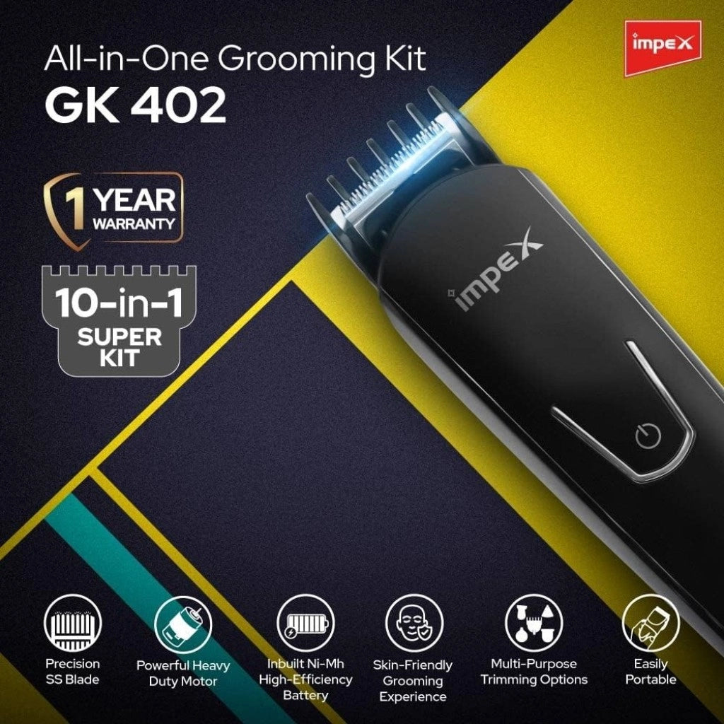 Impex 10-in-1 Multi Grooming Kit – Professional Cordless Trimmer for Men with Nose, Beard, Hair, Body & Precision Trimming – Fast Charging, Stainless Steel Blades, Black -  GK 402 - Damoo