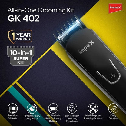 Impex 10-in-1 Multi Grooming Kit – Professional Cordless Trimmer for Men with Nose, Beard, Hair, Body & Precision Trimming – Fast Charging, Stainless Steel Blades, Black -  GK 402 - Damoo