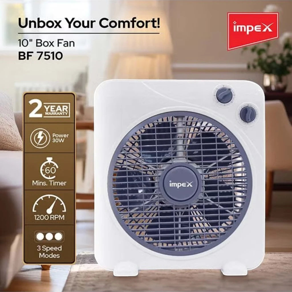 Impex 10-Inch Box Fan – 30W Copper Motor, 3 Speed Settings, 60-Min Timer, 1200 RPM, Child Safety Grill, Portable & Quiet Air Circulator , BF 7510 – White - Damoo