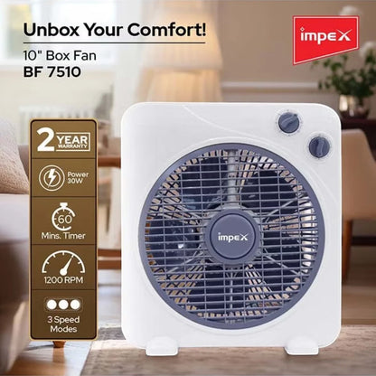 Impex 10-Inch Box Fan – 30W Copper Motor, 3 Speed Settings, 60-Min Timer, 1200 RPM, Child Safety Grill, Portable & Quiet Air Circulator , BF 7510 – White - Damoo