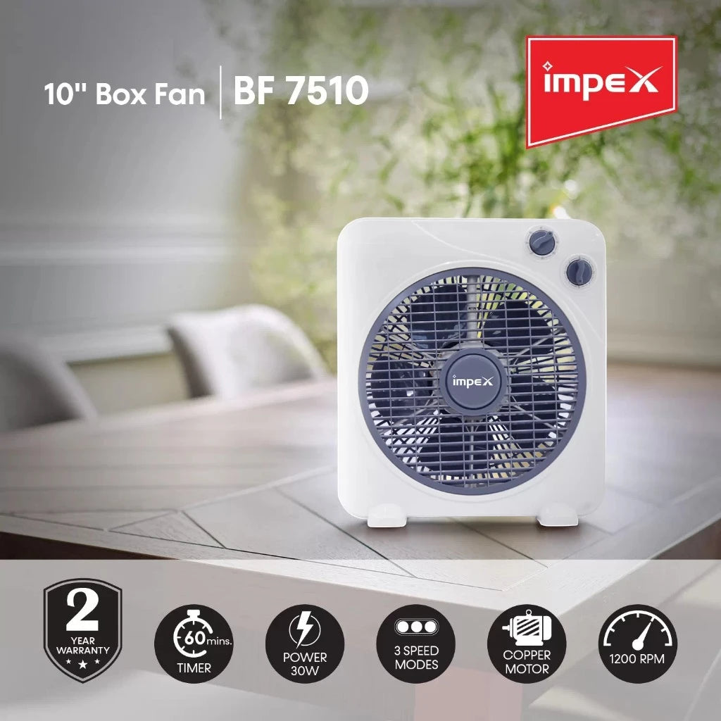 Impex 10-Inch Box Fan – 30W Copper Motor, 3 Speed Settings, 60-Min Timer, 1200 RPM, Child Safety Grill, Portable & Quiet Air Circulator , BF 7510 – White - Damoo