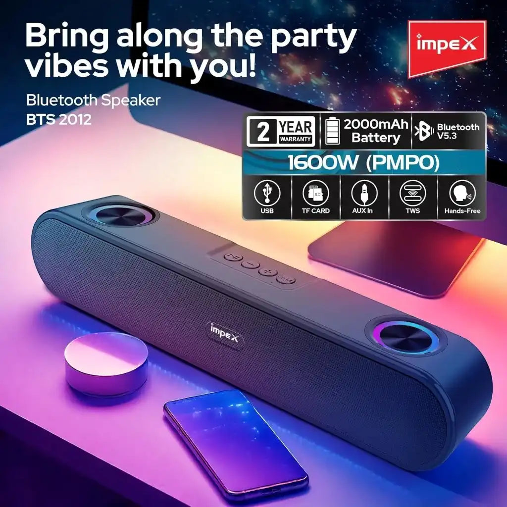 Impex 1600W Bluetooth Speaker with RGB Light & 2000mAh Battery – Stereo Wireless Speaker with Bluetooth 5.3, Dual Radiators, USB/TF/AUX/FM/TWS, Type-C Charging – Hands-Free Mic - Damoo