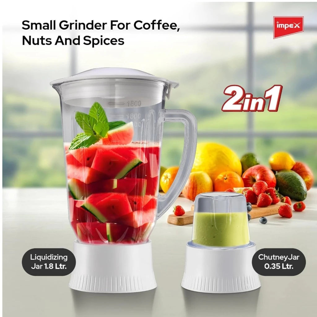 Impex 2-in-1 Blender & Grinder – 650W Powerful Motor, 1.8L Jar + 150g Grinder | 2 Speed with Pulse, Overheat Protection – BL 3509 - Damoo