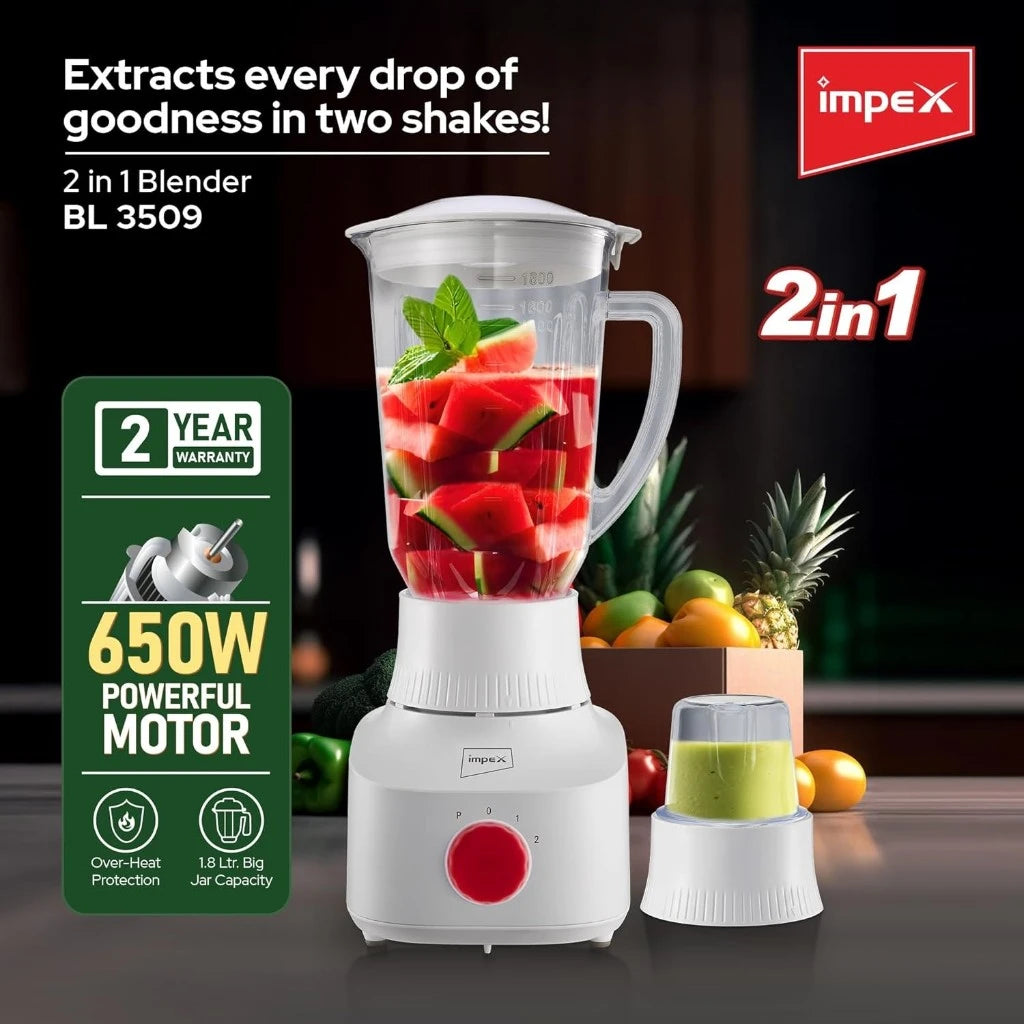 Impex 2-in-1 Blender & Grinder – 650W Powerful Motor, 1.8L Jar + 150g Grinder | 2 Speed with Pulse, Overheat Protection – BL 3509 - Damoo