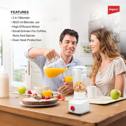 Impex 2-in-1 Blender & Grinder – 650W Powerful Motor, 1.8L Jar + 150g Grinder | 2 Speed with Pulse, Overheat Protection – BL 3509 - Damoo