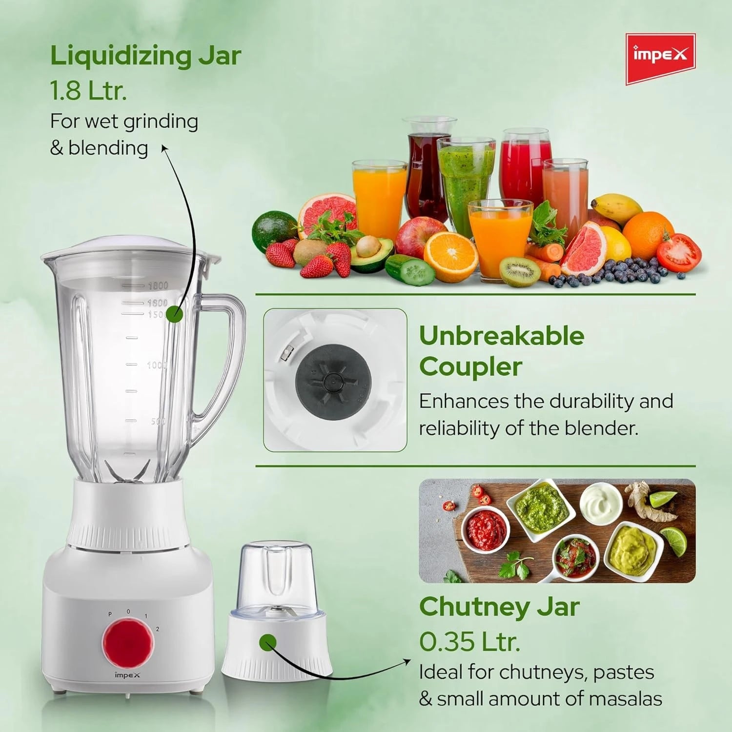 Impex 2-in-1 Blender & Grinder – 650W Powerful Motor, 1.8L Jar + 150g Grinder | 2 Speed with Pulse, Overheat Protection – BL 3509 - Damoo