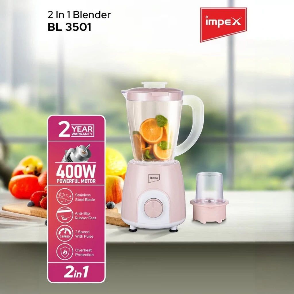 Impex 2-in-1 Blender Mixer Grinder – 400W Copper Motor, 1.4L Jar with Grinder Attachment, 2-Speed + Pulse Control, 4 Stainless Steel Blades, Overheat Protection – Pink - BL 3501 - Damoo