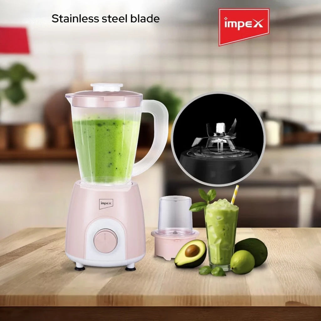 Impex 2-in-1 Blender Mixer Grinder – 400W Copper Motor, 1.4L Jar with Grinder Attachment, 2-Speed + Pulse Control, 4 Stainless Steel Blades, Overheat Protection – Pink - BL 3501 - Damoo