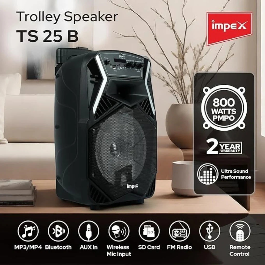 Impex 25 W RMS Portable Trolley Bluetooth Speaker with Wireless Mic, USB/SD/AUX/FM, LED Lights & Remote – Rechargeable – TS-25B - Damoo