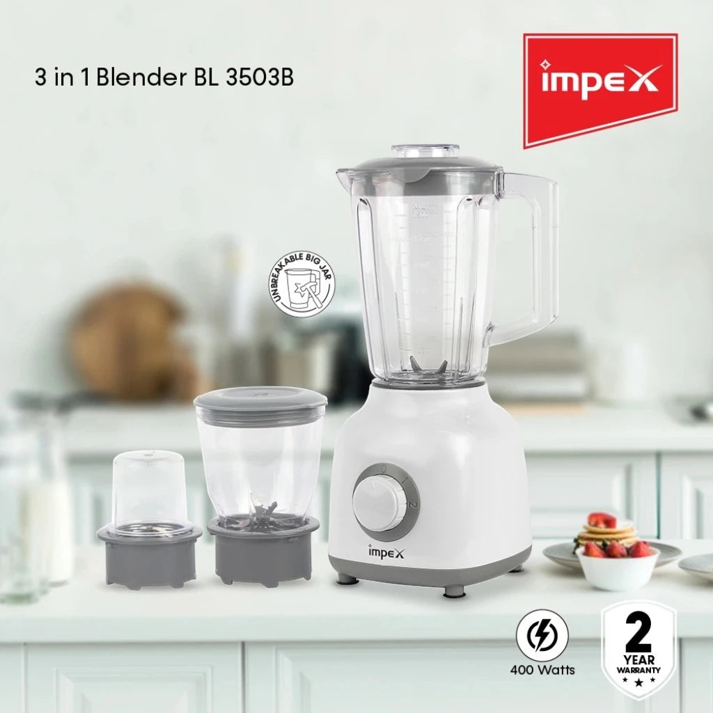 Impex 3-in-1 Electric Blender – 400W Power, 1.6L Blender Jar, Stainless Steel Blade, Meat Mincer & Grinder, Overheat Protection – White - BL 3503B - Damoo