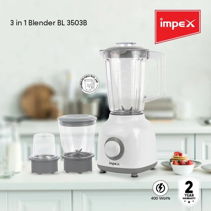 Impex 3-in-1 Electric Blender – 400W Power, 1.6L Blender Jar, Stainless Steel Blade, Meat Mincer & Grinder, Overheat Protection – White - BL 3503B - Damoo