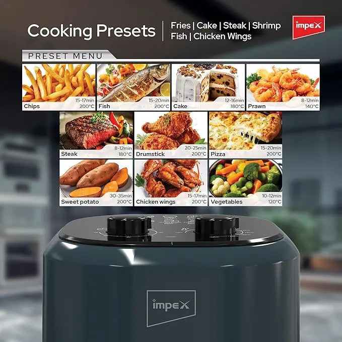 Impex 4.5L Mechanical Air Fryer AF 4305A – 1200W Oil-Free Hot Air Fryer with Non-Stick Basket, Adjustable Temperature & 60-Min Timer, Overheat Protection, Cool-Touch Handle – Dark Green - Damoo