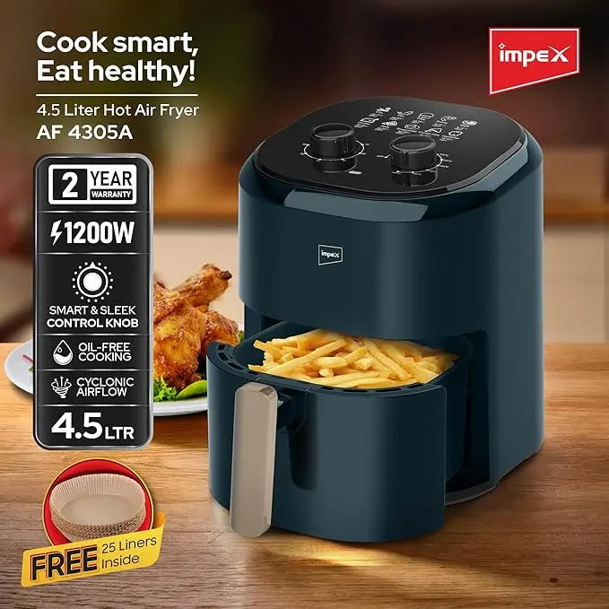 Impex 4.5L Mechanical Air Fryer AF 4305A – 1200W Oil-Free Hot Air Fryer with Non-Stick Basket, Adjustable Temperature & 60-Min Timer, Overheat Protection, Cool-Touch Handle – Dark Green - Damoo