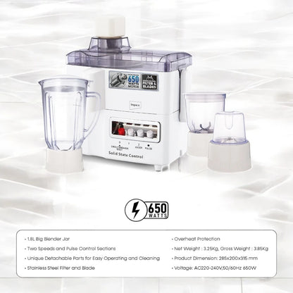Impex 4-in-1 Food Processor – 650W Powerful Motor, 1.5L Blender Jar, Mixer Jars, Stainless Steel Blades, Overheat Protection – White - JB 414C - Damoo