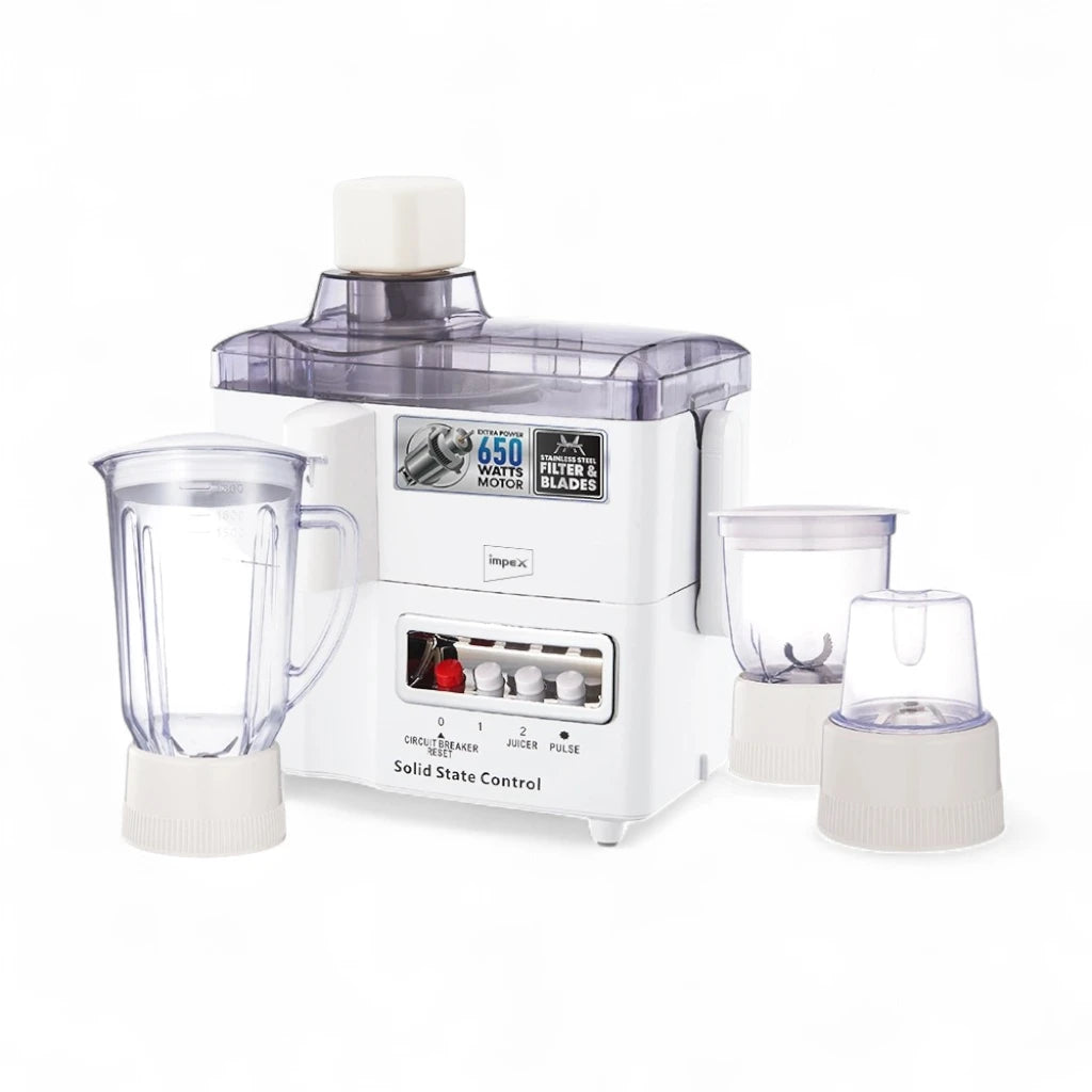 Impex 4-in-1 Food Processor – 650W Powerful Motor, 1.5L Blender Jar, Mixer Jars, Stainless Steel Blades, Overheat Protection – White - JB 414C - Damoo