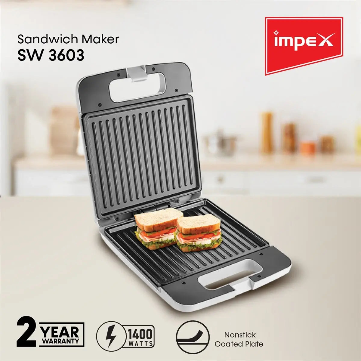 Impex 4-Slice Sandwich Maker – 1400W, Cool-Touch Housing, Non-Stick Plates, Power & Ready Lights, Upright Storage, Skid-Resistant Feet – White -  SW 3603 - Damoo