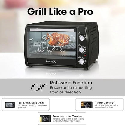 Impex 45L Electric Oven Toaster Griller with Convection, Rotisserie, 6 Heating Modes, 1800W Power, Adjustable Temperature & Timer – OV 2902 – Black - Damoo
