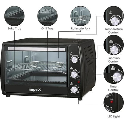 Impex 45L Electric Oven Toaster Griller with Convection, Rotisserie, 6 Heating Modes, 1800W Power, Adjustable Temperature & Timer – OV 2902 – Black - Damoo